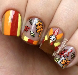 Turkey And Autumn Leaves Cute Cartoon Nails To Complete Your Thanksgiving Look