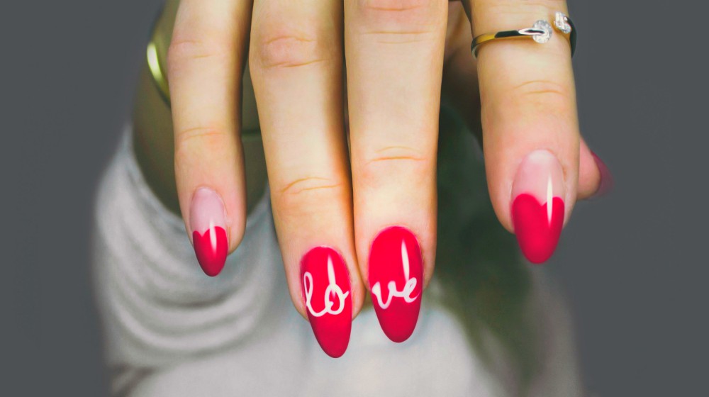 red and white manicure with love print | Valentine Nails | Heart Nail Designs Perfect For Valentine's Day | valentine nails | valentine nails art