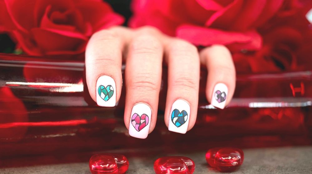 stained glass hearts nail art | Gorgeous White Nail Designs For Every Occasion