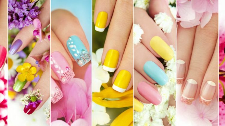 A collage of colorful summer manicure on female hand with flowers | Acrylic Nail Designs To Rock This Spring | short nail design | Featured