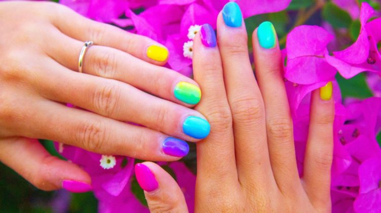 Multicolor gradient nails on floral background | Glamorous Neon Nail Designs You Must Try This Season | neon colors nails | Featured