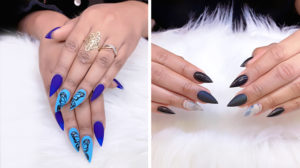 Short pointed nails on white fur background | 15 Eye-Catching Short Stiletto Nails Designs and Ideas