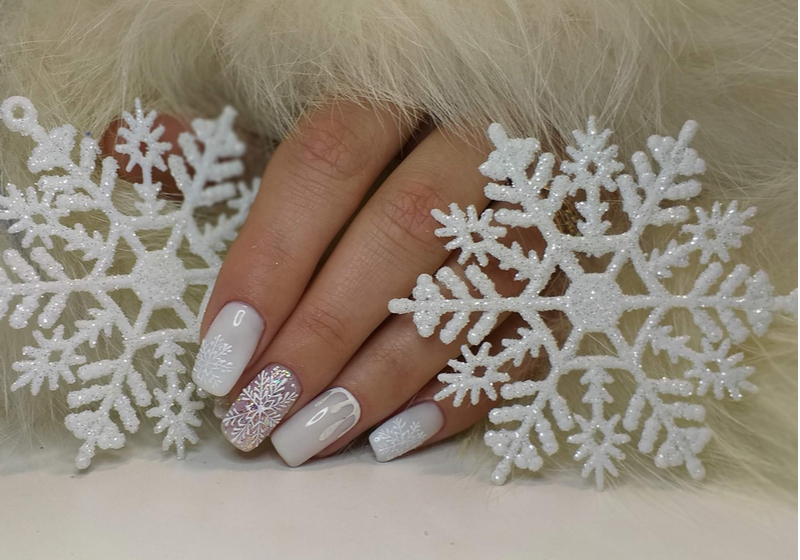 Milky Nails Winter Design Snowflakes Manicure Nails | Holiday Nail Art Designs