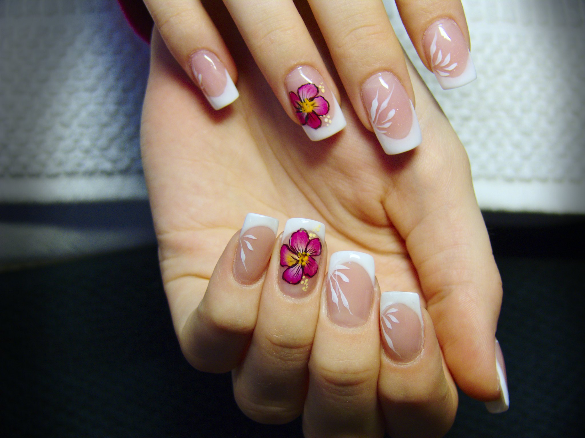 French manicure with magenta flower | Acrylic Nail Designs To Rock This Spring | short acrylic nail designs