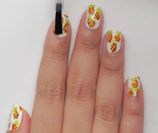 Apply Top Coat | Cute Fruit Nail Art Tutorial: Pineapple Express Edition Apply Top Coat | Pineapple Express! Check Out This Cute Fruit Nail Art Tutorial