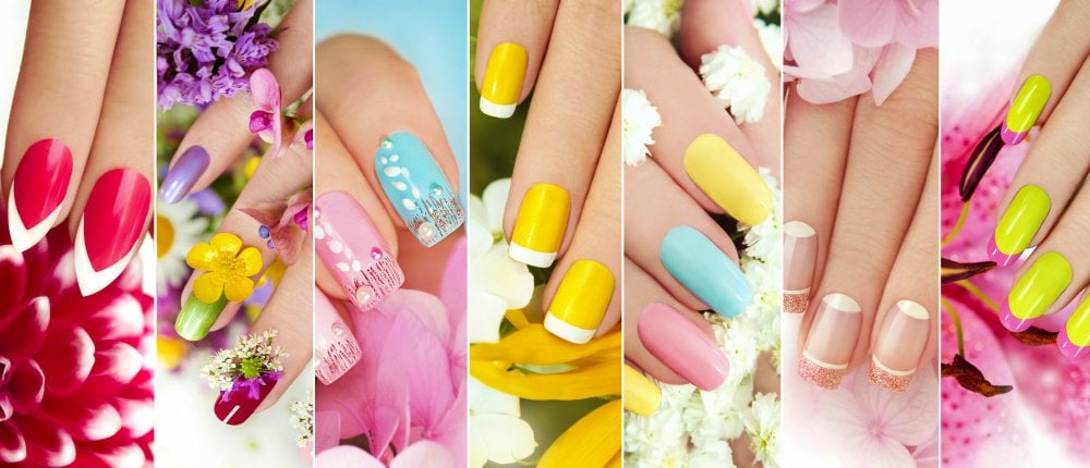 A collage of colorful summer manicure on female hand with flowers | Acrylic Nail Designs To Rock This Spring | short nail design | Featured