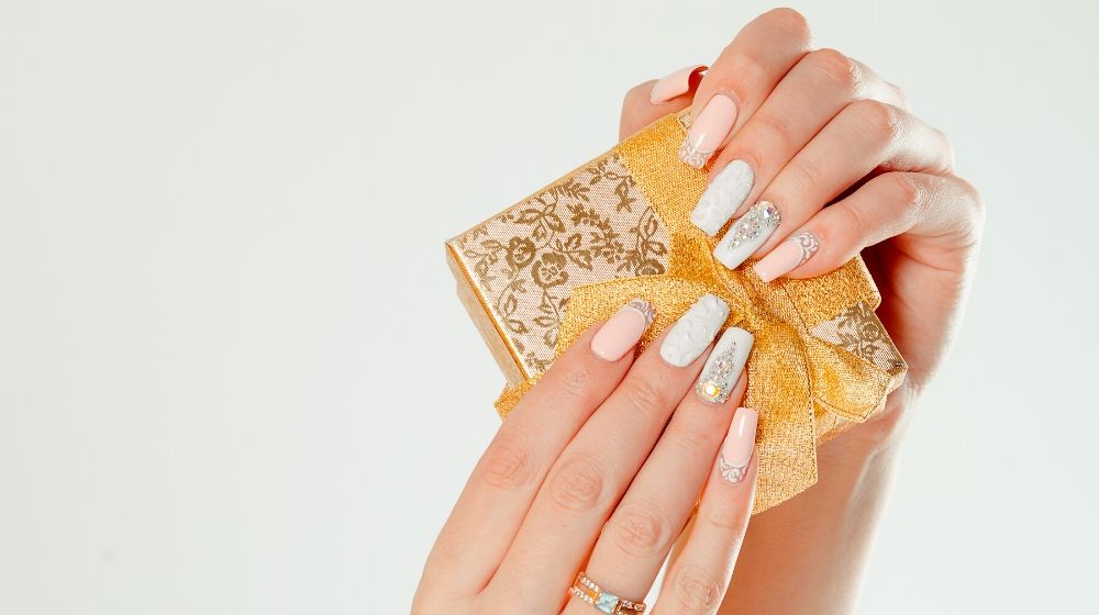 gift box modern style pastel coral pink white wedding nails | Gorgeous White Nail Designs For Every Occasion